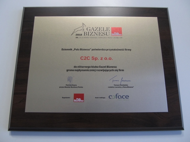 The prize of Gazela Biznesu 2018 for C2C sp. z o. o.